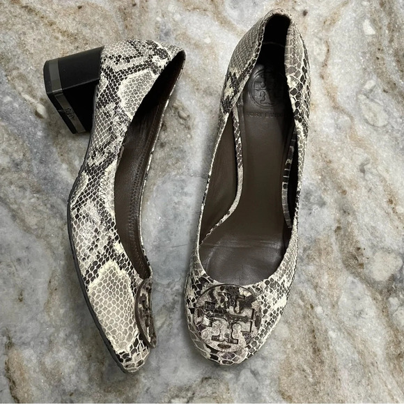 Tory Burch Chunky Heel Shoes Women's 8.5 M Gray Leather Snakeskin Print - Picture 4 of 15